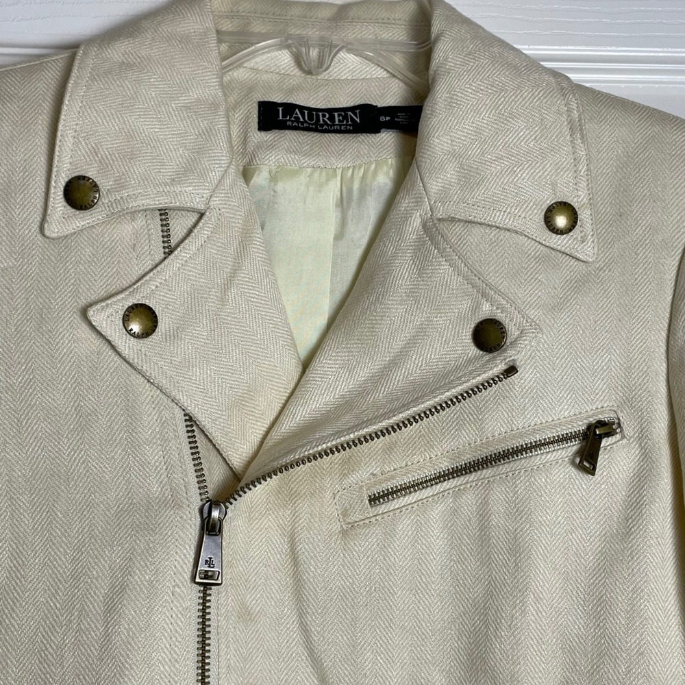 LAUREN Ralph Lauren Womens Cream Herringbone‎ Moto Jacket Blazer Size 8P - Picture 3 of 7